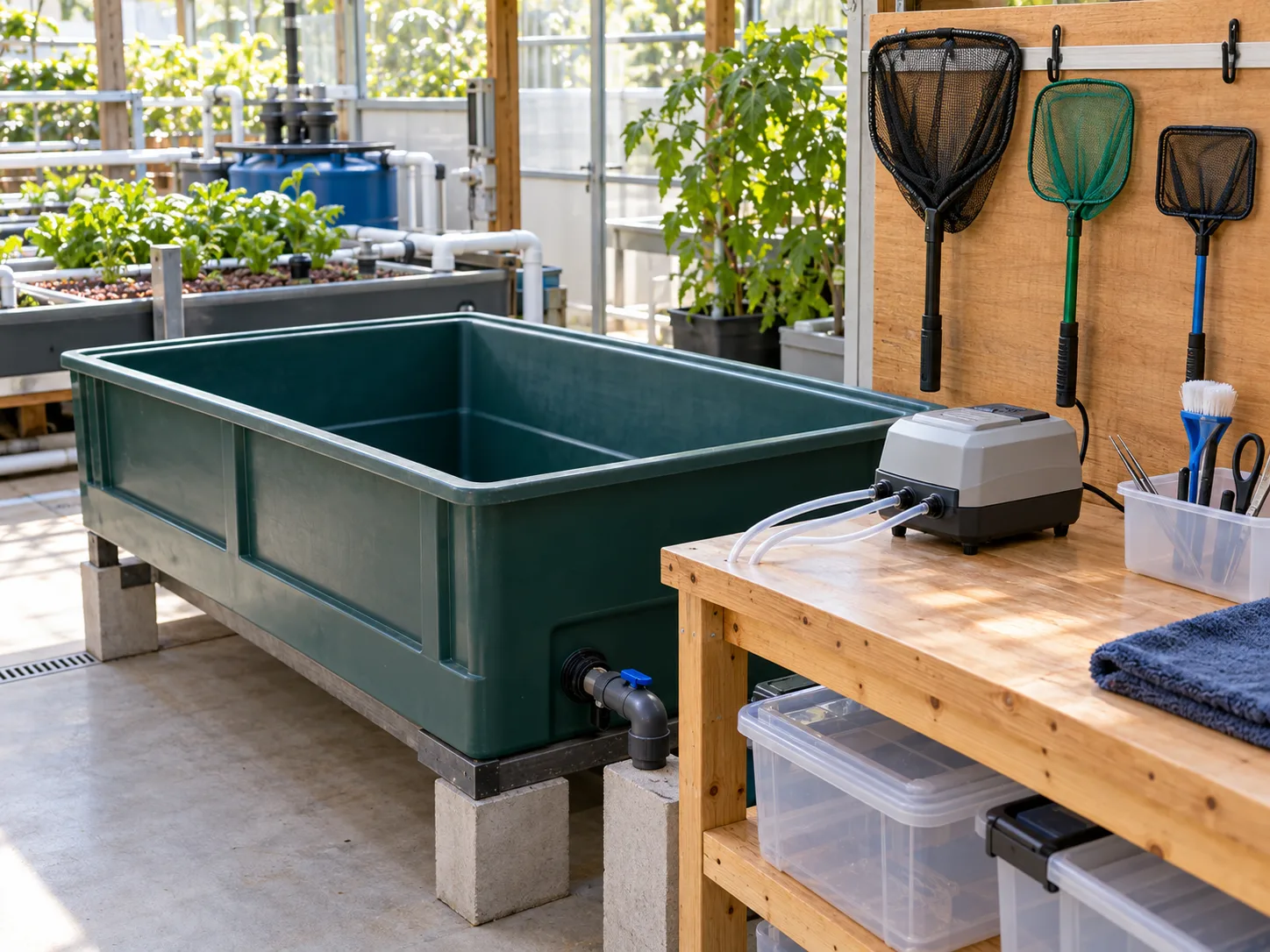 Clean aquaponics quarantine tank with separate air pump and dedicated tool area.