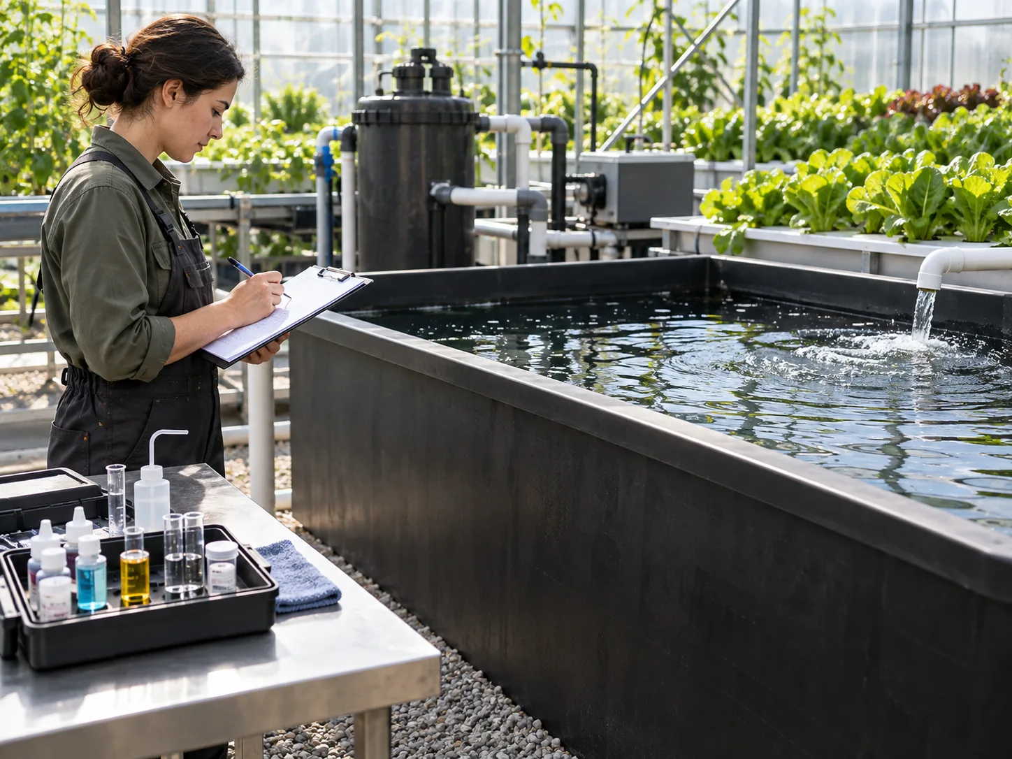 Aquaponics operator documenting tank conditions with a water-test station.