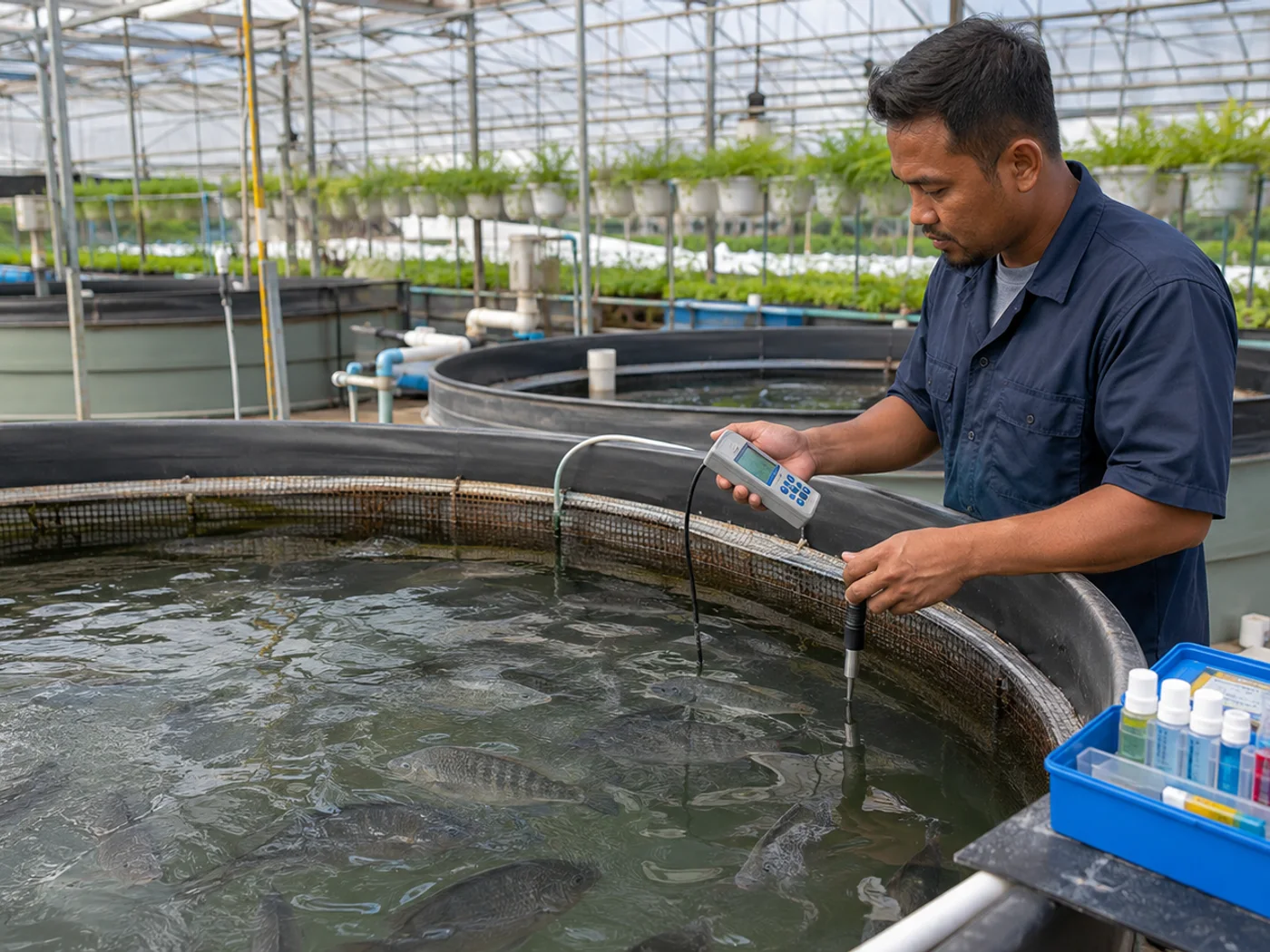 Aquaculture technician using a dissolved oxygen meter beside a tilapia tank with air diffusers in an aquaponics greenhouse