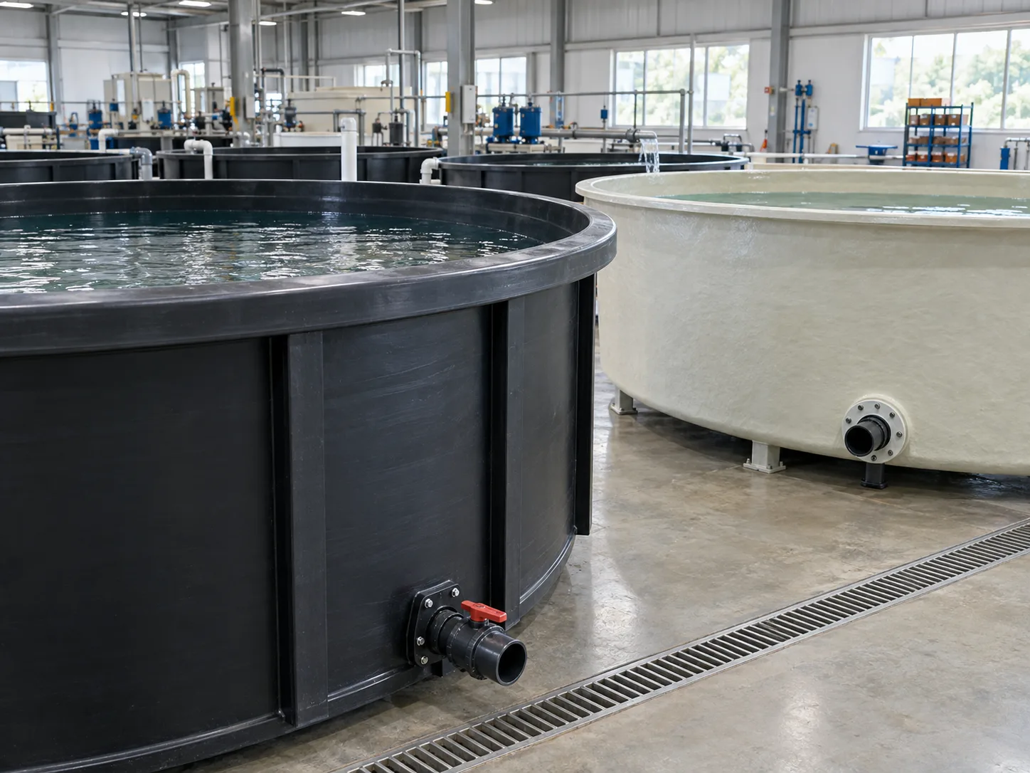HDPE and fiberglass aquaculture tank details with reinforced rims and drain fittings.