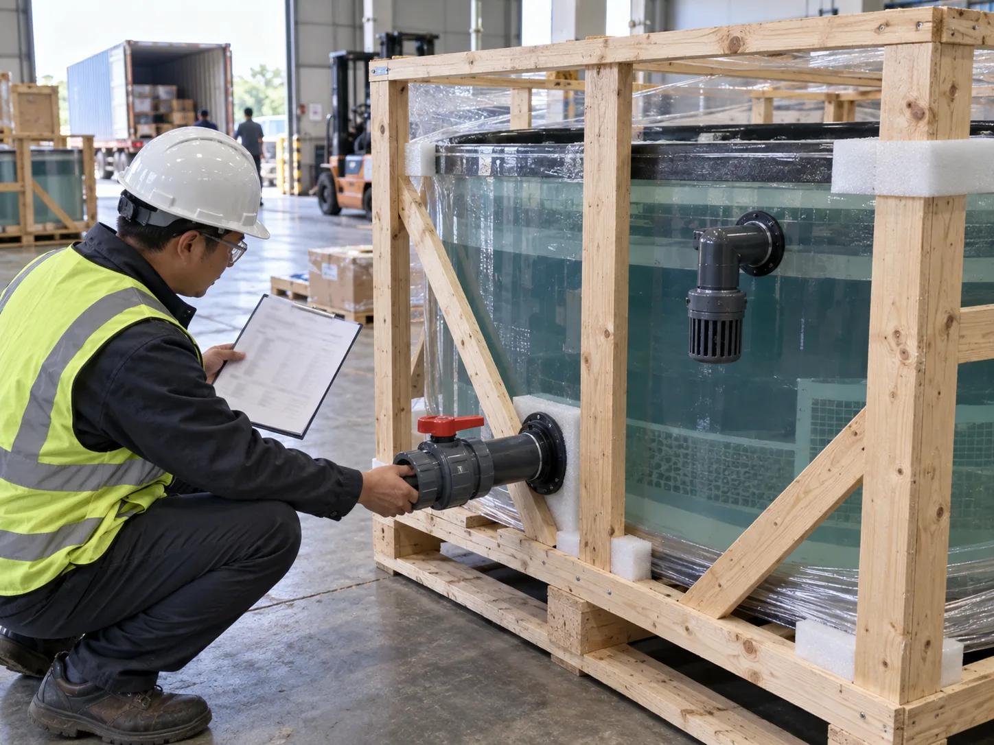 Inspector checking aquaponics fish tank crate, drain fittings and packing list before shipment.