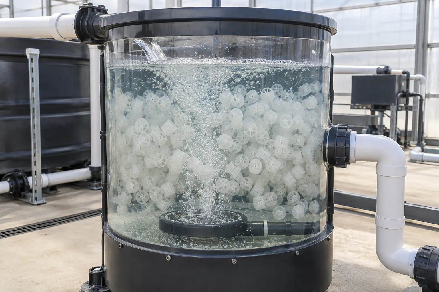 Aerated moving-bed biofilter maintained during fishless aquaponics operation.