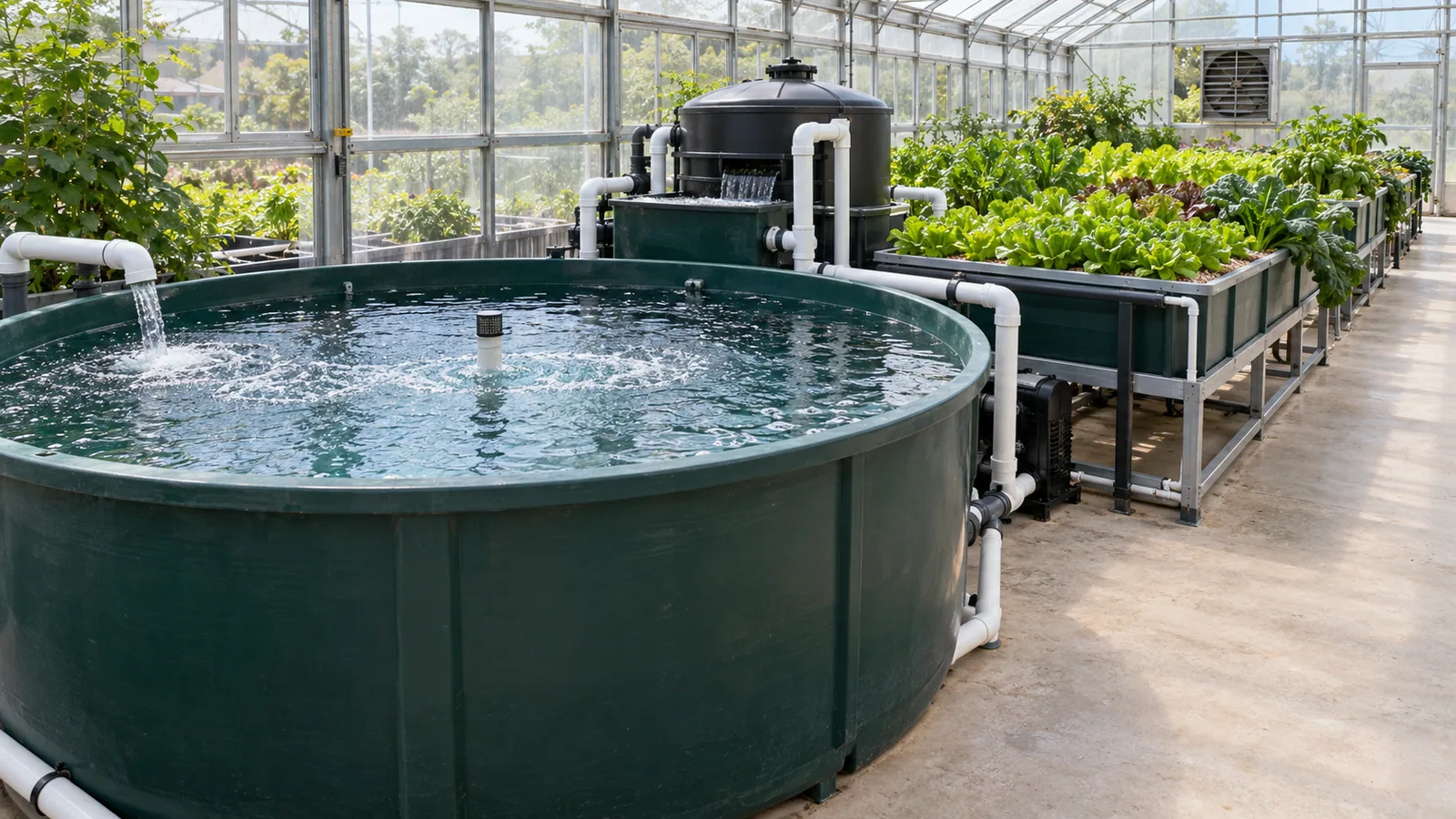 Fishless aquaponics system circulating clear water beside mature plant beds