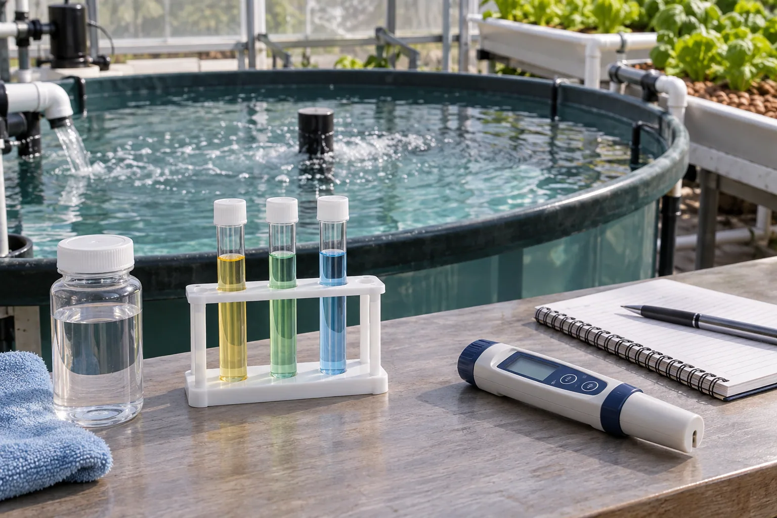Water test samples beside a circulating fishless aquaponics tank.