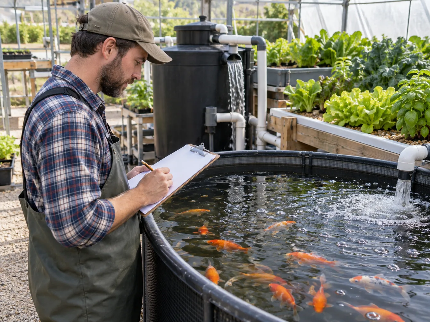 Aquaponics technician inspecting an educational goldfish tank, aeration and filter connections before handover.
