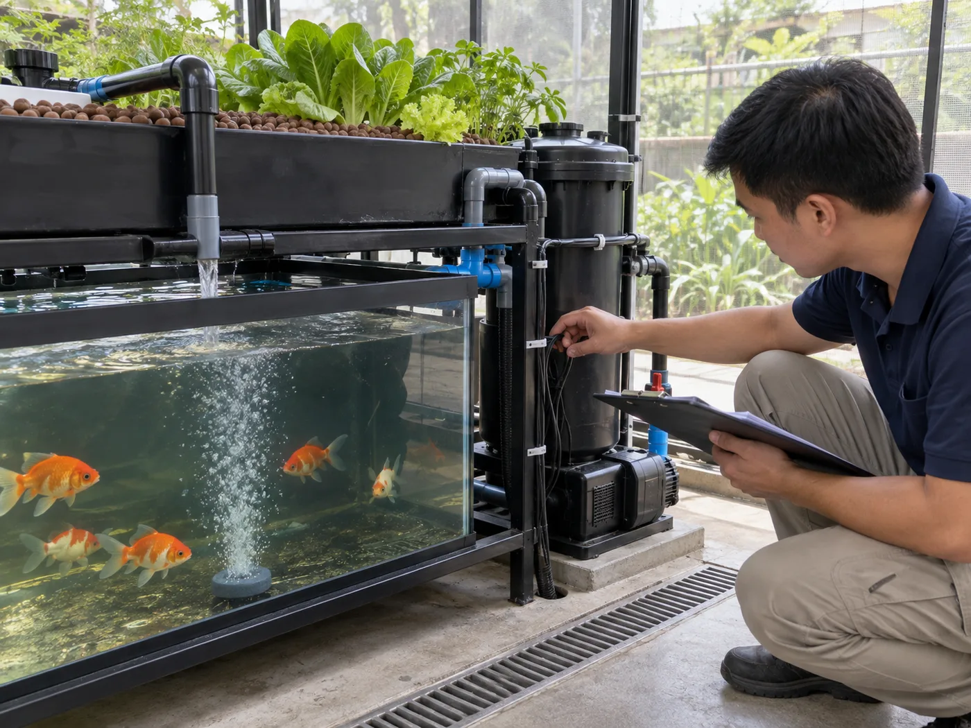 Goldfish aquaponics system with fish tank, aeration, filter and leafy-green grow bed.