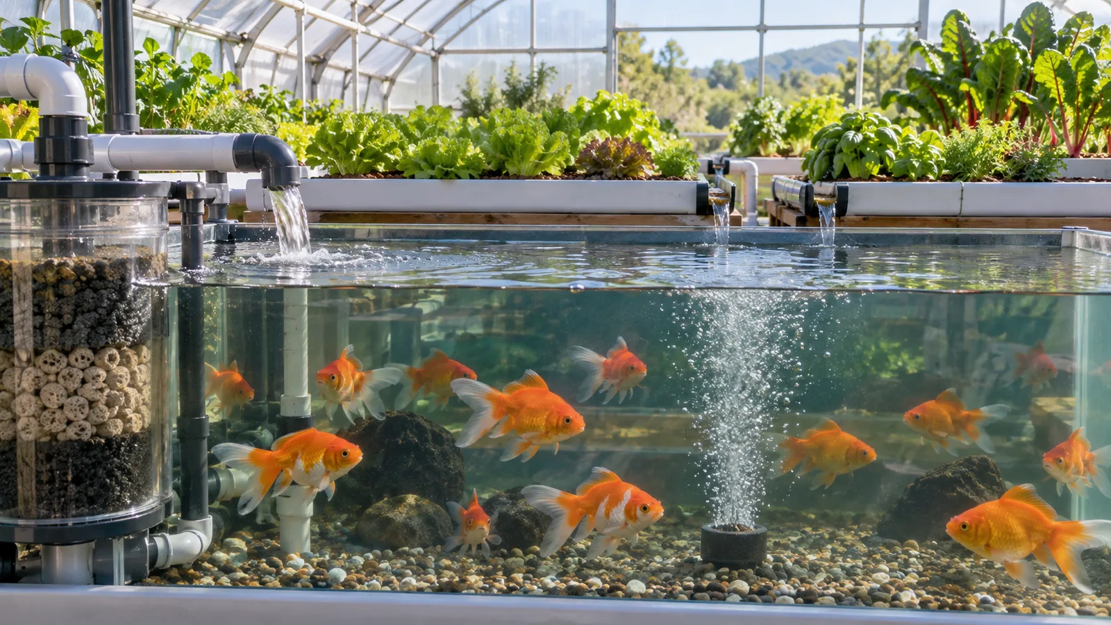 Healthy goldfish in an aerated aquaponics tank with biofiltration and leafy grow beds