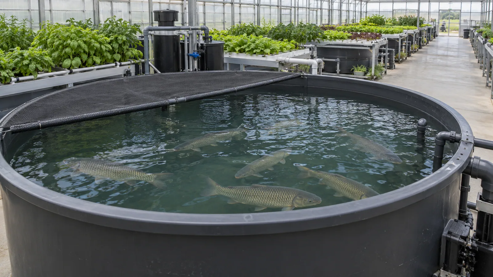 Grass carp swimming in a clean covered aquaponics tank beside separate plant grow beds
