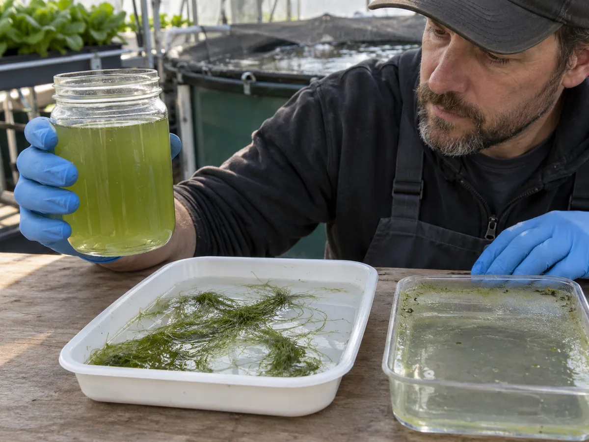 Aquaponics operator comparing green water, filamentous algae and normal surface biofilm samples.