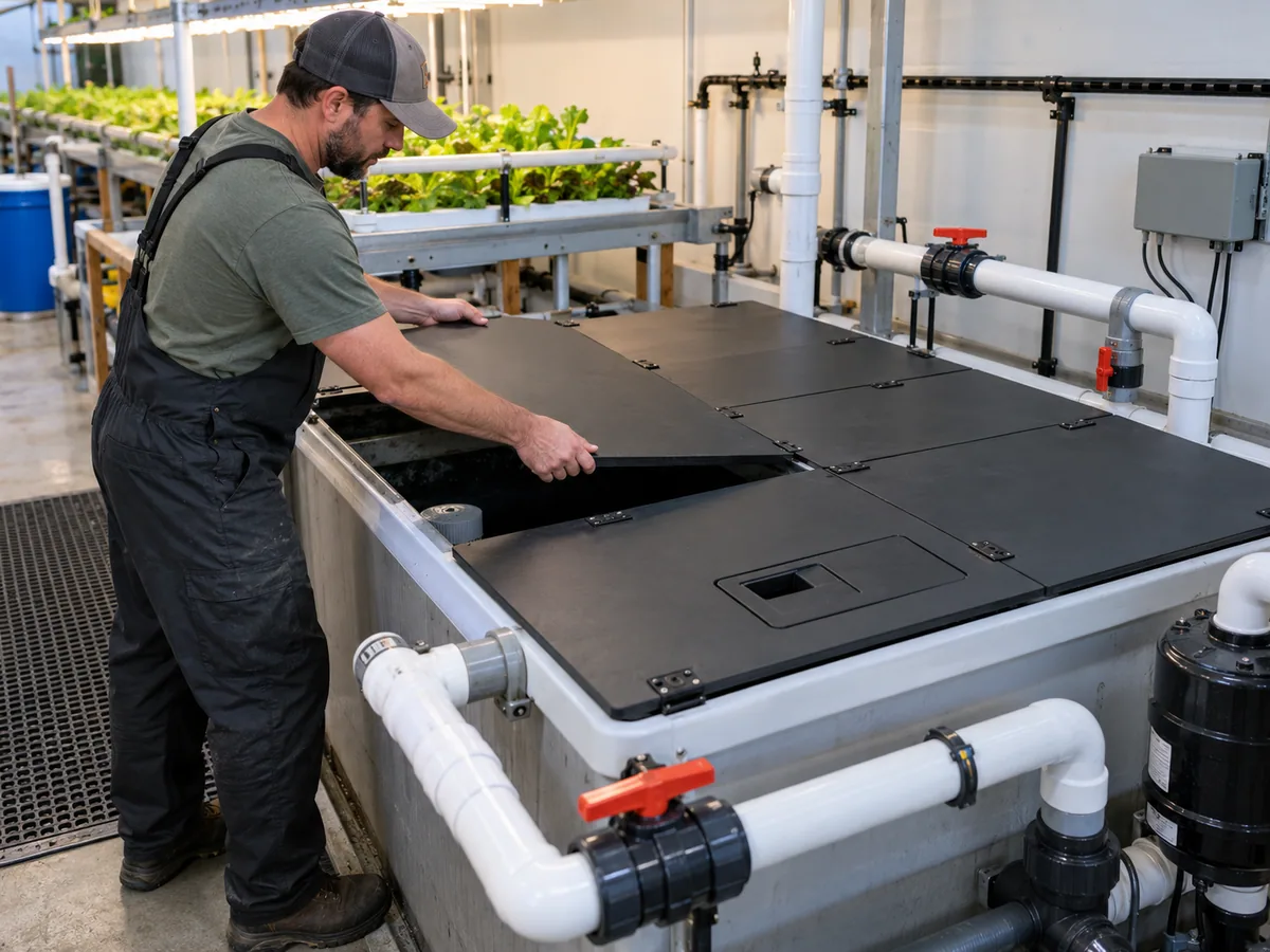 Technician fitting an opaque cover over an aquaponics sump while keeping valves and inspection points accessible.