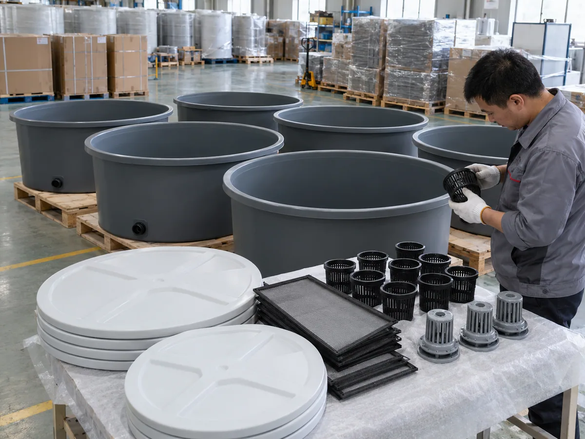 Dry aquaponics tanks, opaque covers and filter screens being checked before export packing.