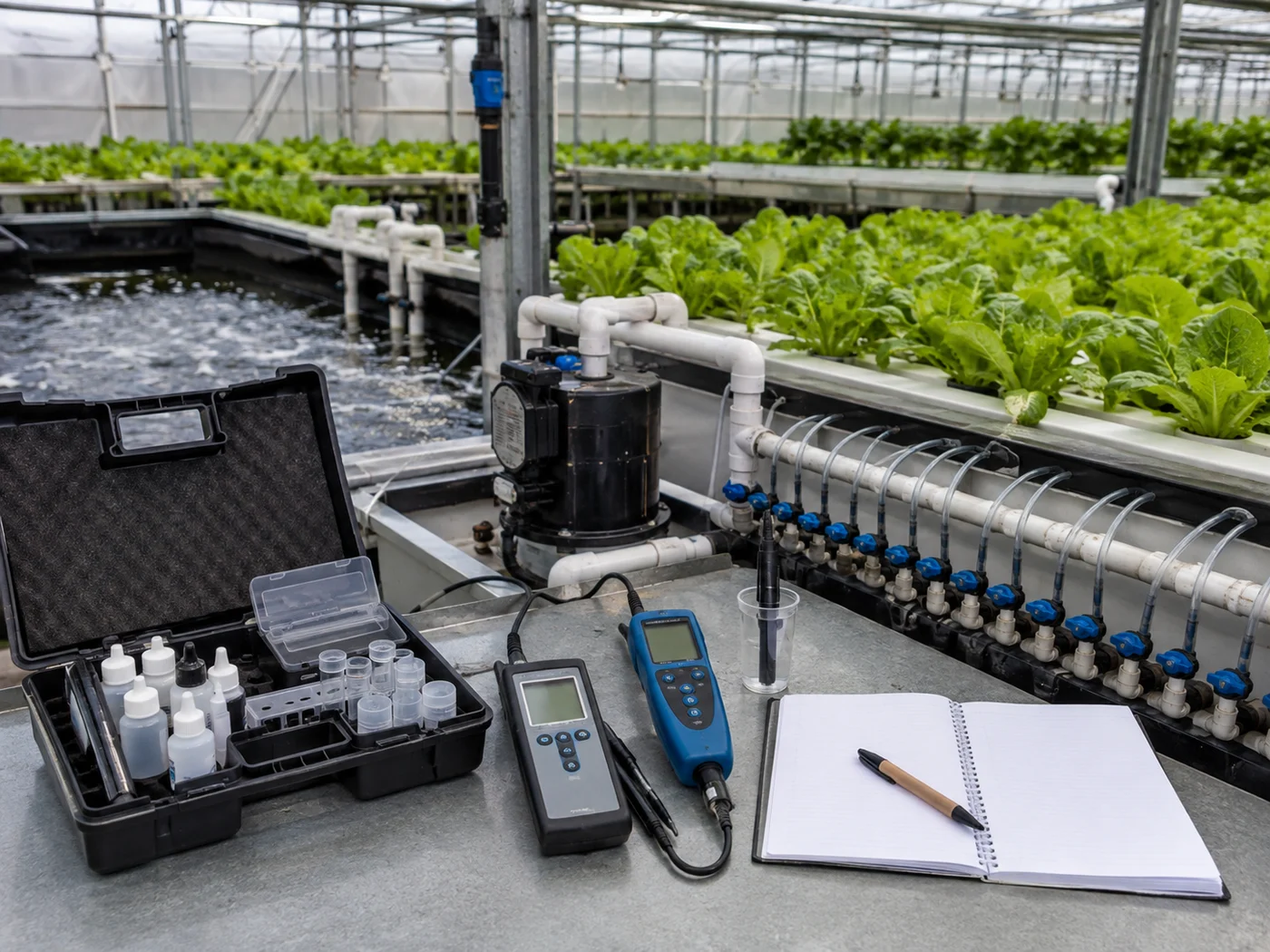 Aquaponics water-quality monitoring equipment beside healthy lettuce beds and circulating water