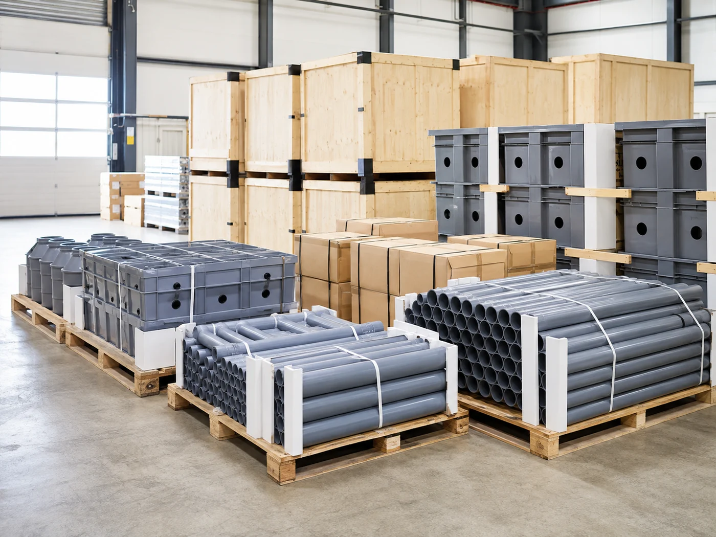 Modular aquaponics equipment, pipes and crates arranged for export shipment in a clean dispatch warehouse