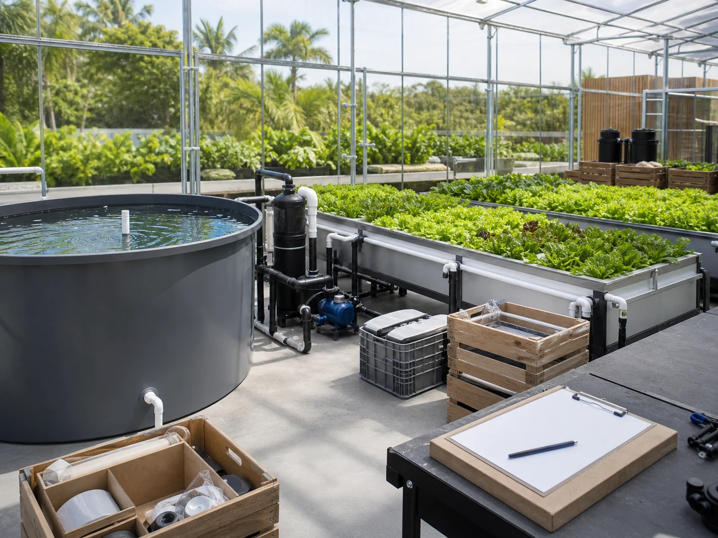 Commercial aquaponics greenhouse prepared for project launch with grow beds, fish tank, filtration equipment and site-planning materials