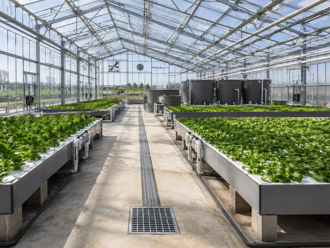 Commercial aquaponics greenhouse with service aisles, floor drainage, fish tanks and leafy-green grow beds