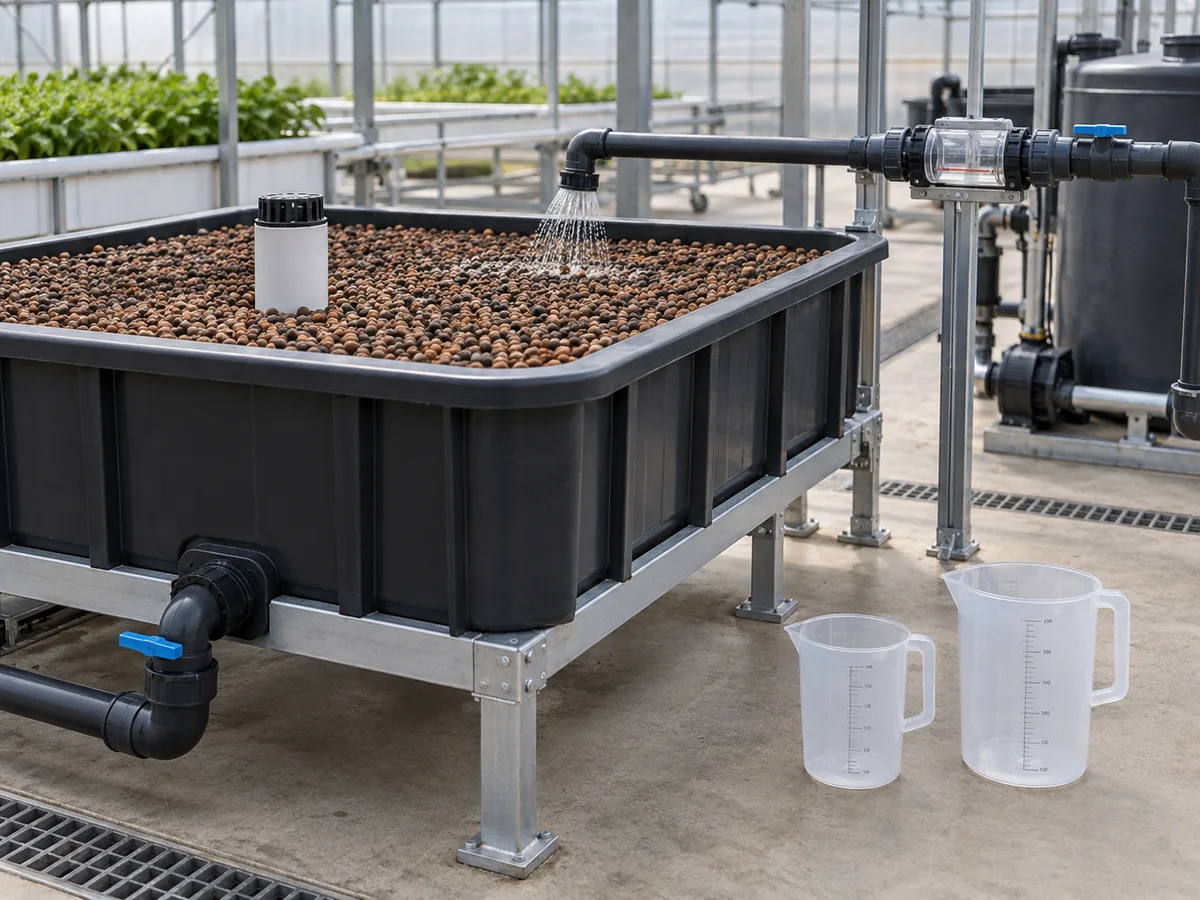 Aggregate-filled aquaponics grow bed undergoing a calibrated water-volume test.