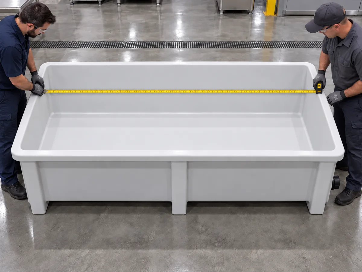 Empty aquaponics grow bed with internal measuring scale and marked high-water line.