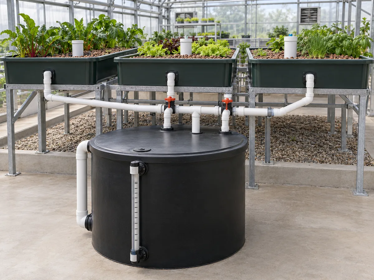 Multiple aquaponics media beds connected to an opaque sump with external level indicators.