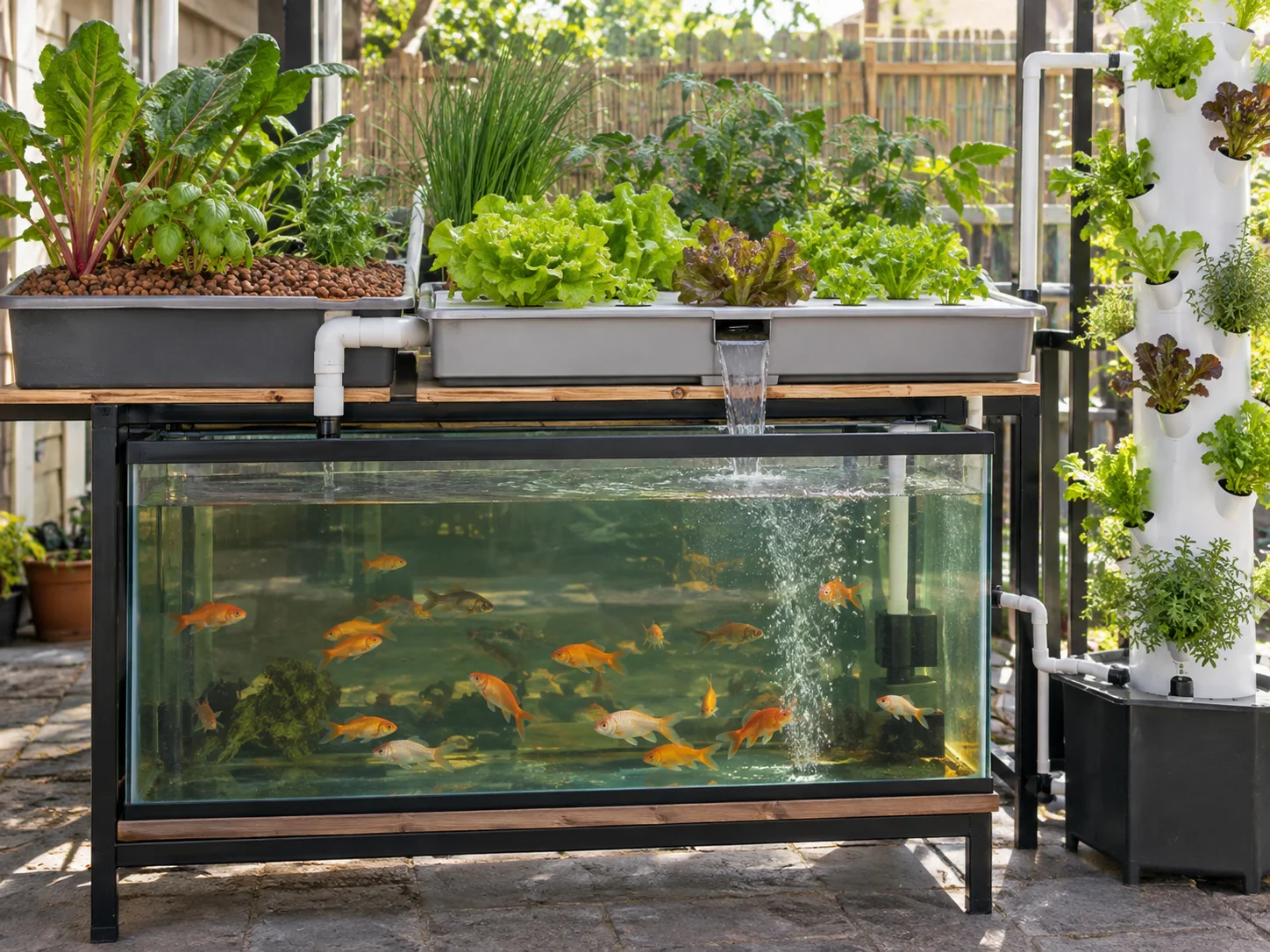 Compact media bed, raft bed and tower grow areas compared beside a home aquaponics fish tank.