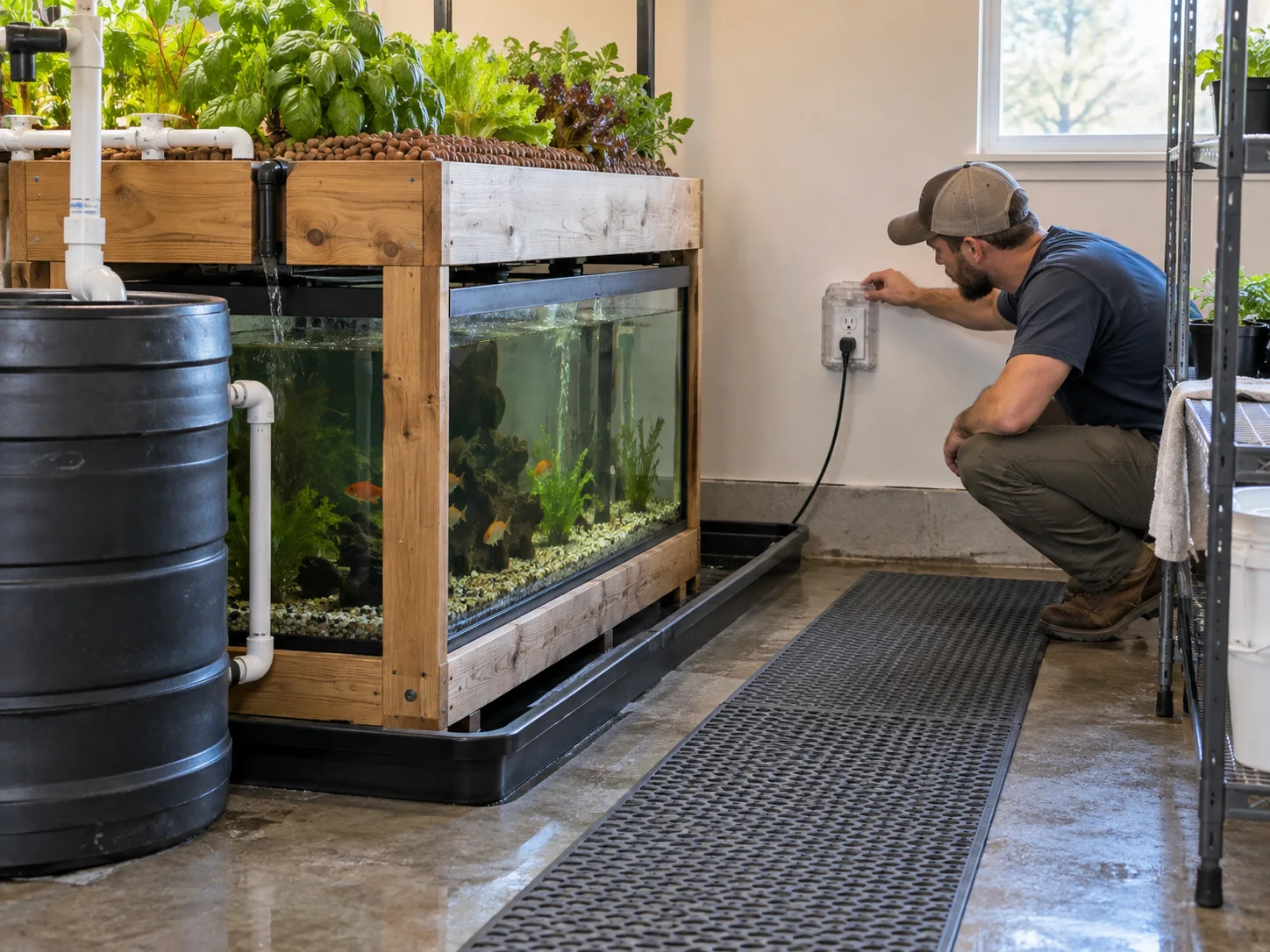 Installer checking access aisle, protected outlet and floor protection around a home aquaponics system.