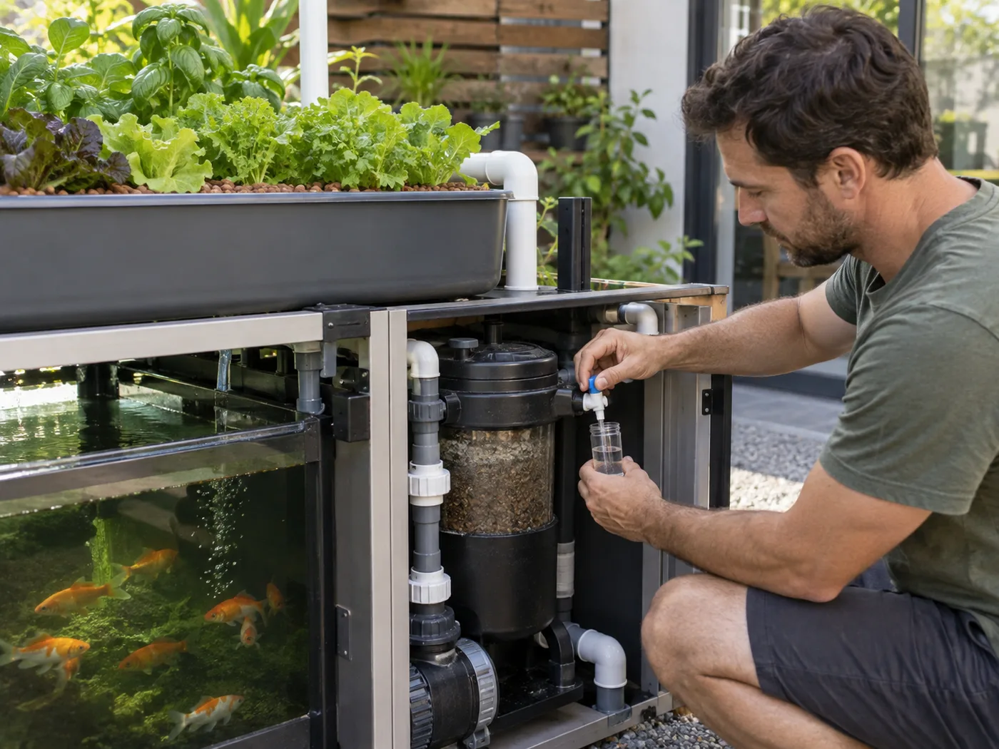 Home aquaponics owner checking an accessible mechanical filter and water sample point.