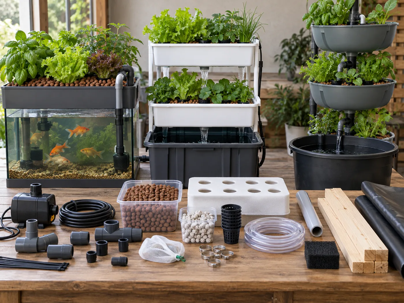 Compact kit, modular equipment and DIY materials arranged for a home aquaponics comparison.