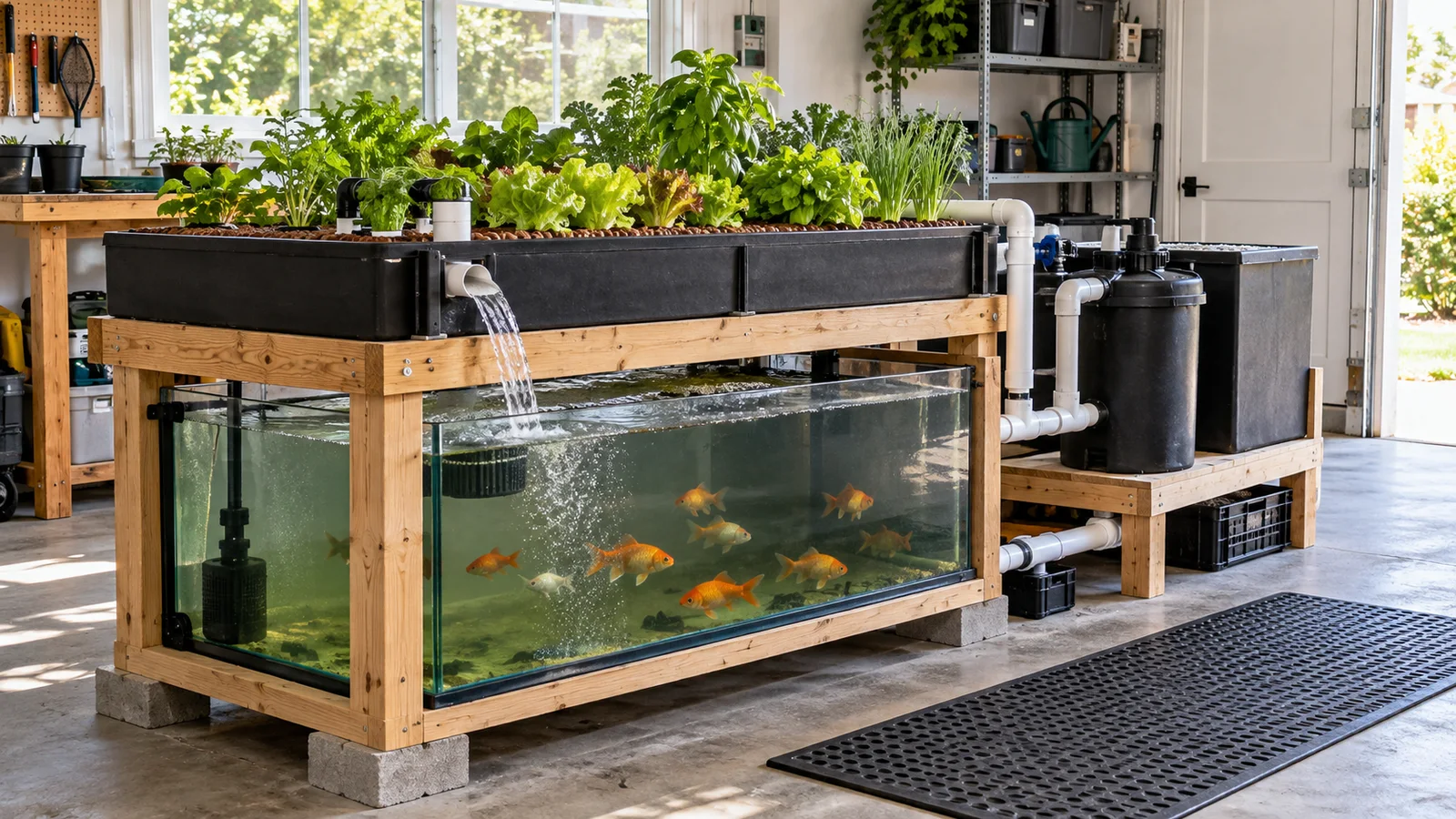 Home aquaponics system with accessible fish tank, filter and media grow bed in a utility room