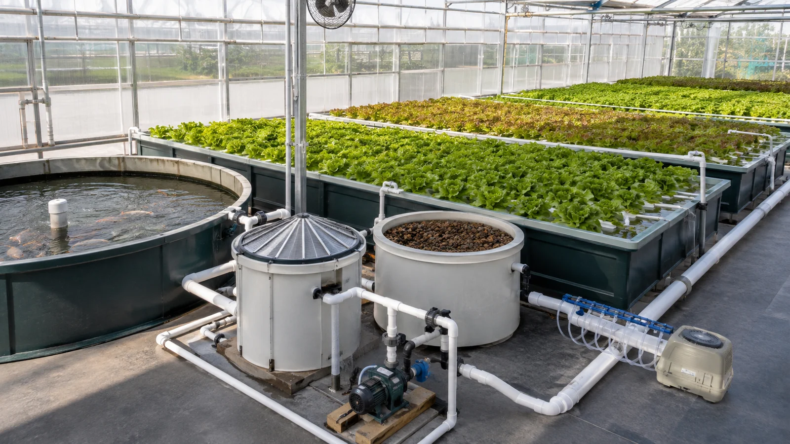 Aquaponics water-treatment loop with fish tank, filtration equipment, pump and raft beds