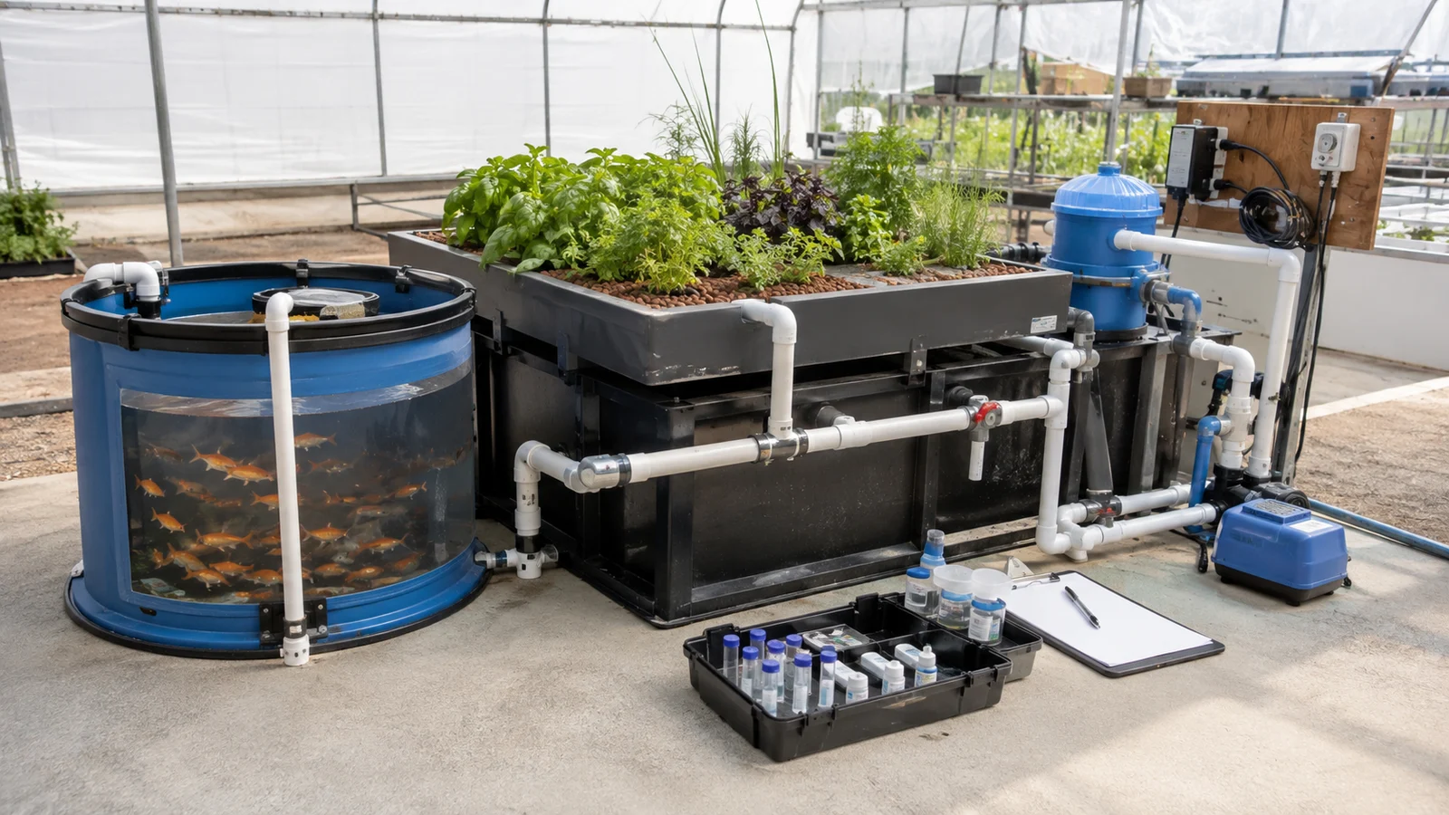 Starter aquaponics system with fish tank, media grow bed, filter, pump and water test kit