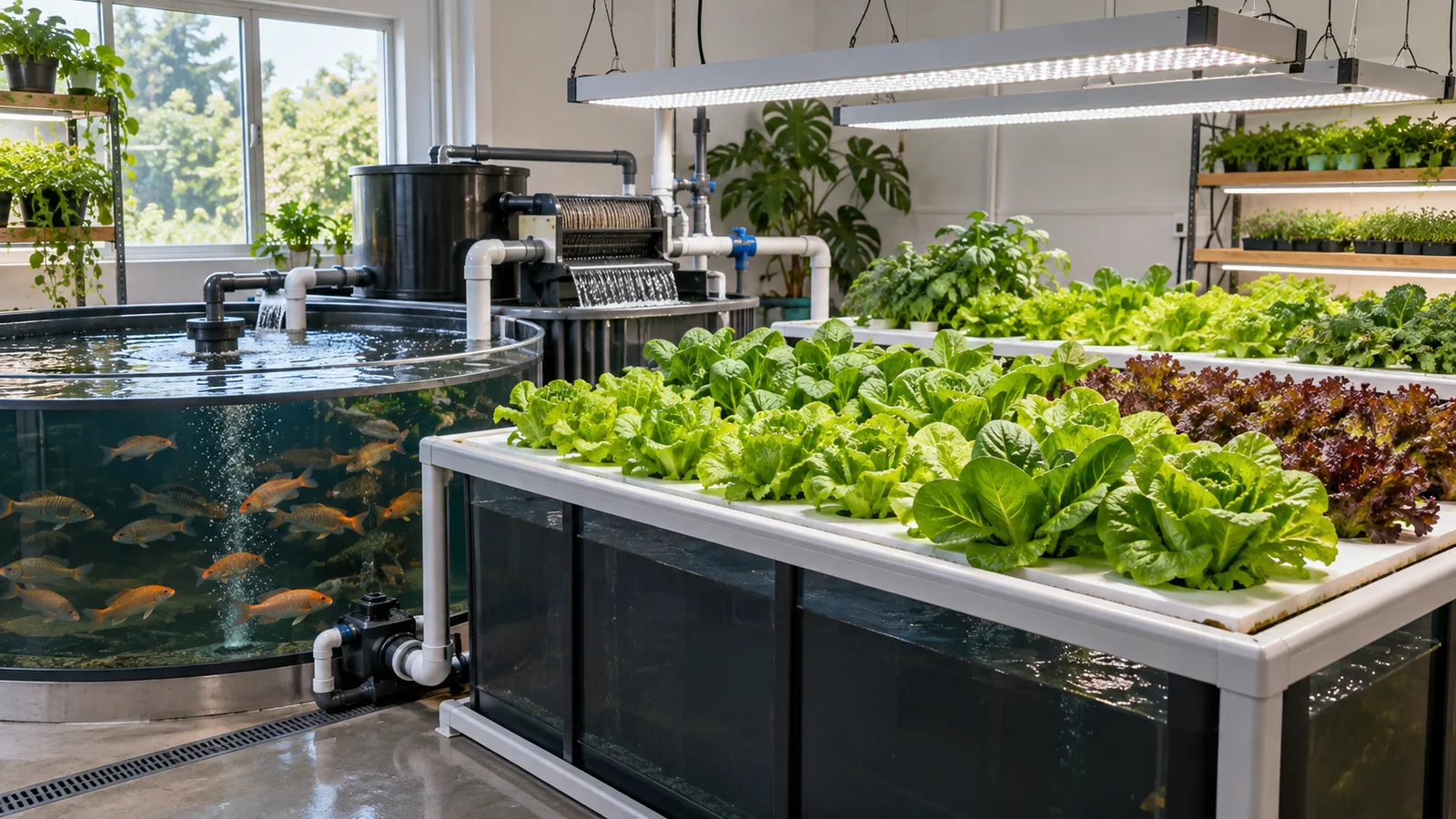 Indoor aquaponics lettuce and fish tank