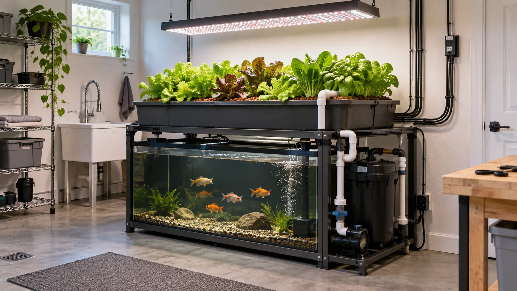 Indoor aquaponics system with raised LED grow light, fish tank and leafy grow bed