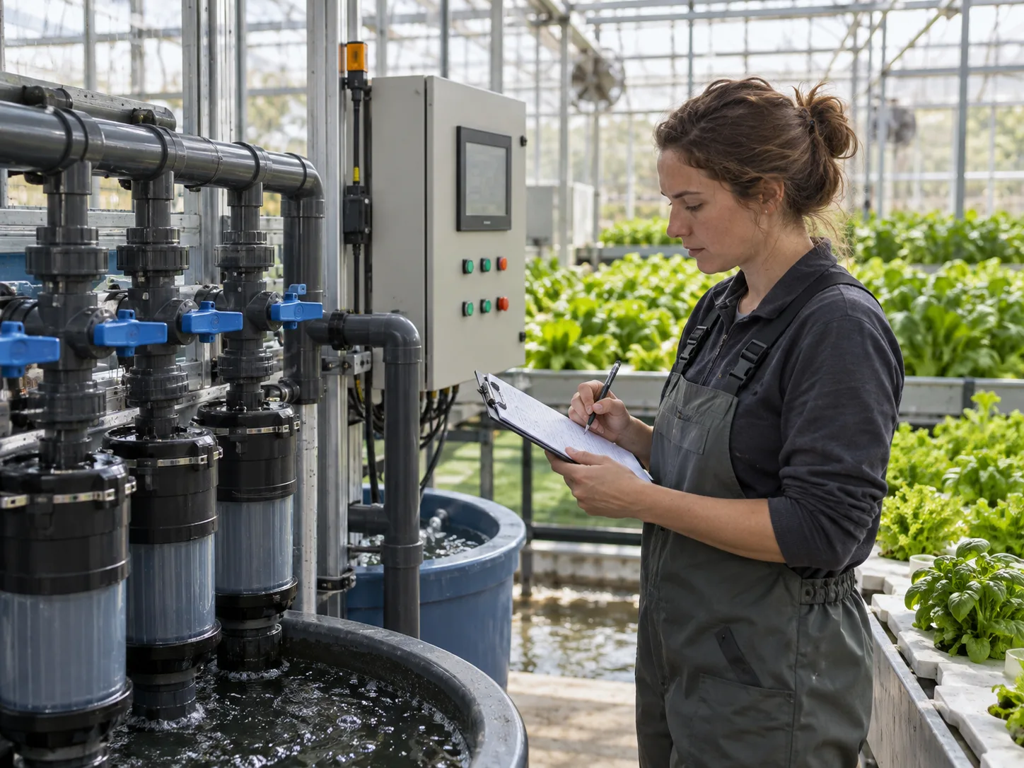 Aquaponics operator using a printed commissioning checklist at an accessible filter manifold.