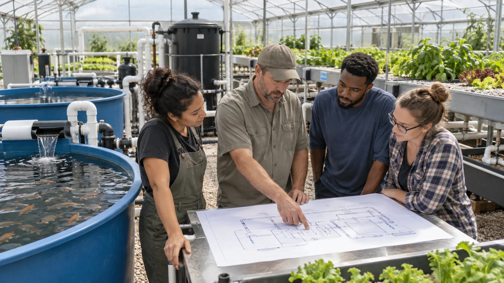 Aquaponics trainees reviewing a water-flow drawing beside modular tanks and filtration equipment