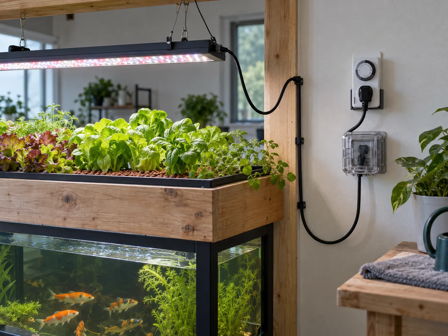 Aquaponics LED light cable routing with drip loop, protected outlet and accessible timer.