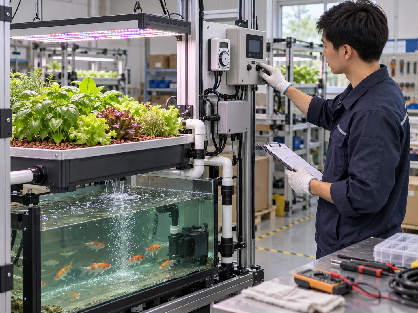 Technician testing integrated LED fixture and timer on indoor aquaponics system before shipment.