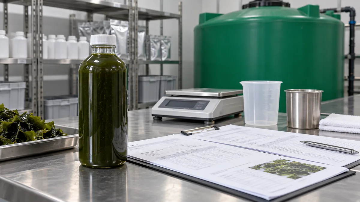 Liquid seaweed bottle, technical data sheets and batch record arranged on a clean inspection bench.