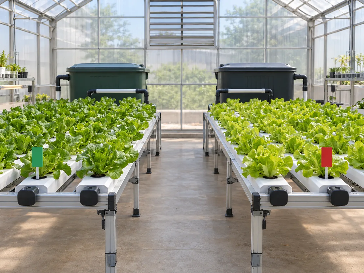 Two matched aquaponic lettuce groups in isolated plant channels with separate monitoring records.