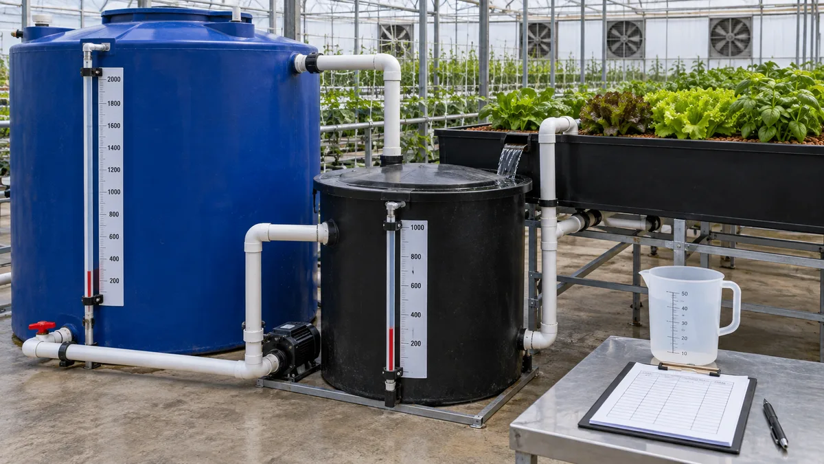 Opaque aquaponics fish tank, sump and plant trough with external level gauges and a monitoring clipboard.