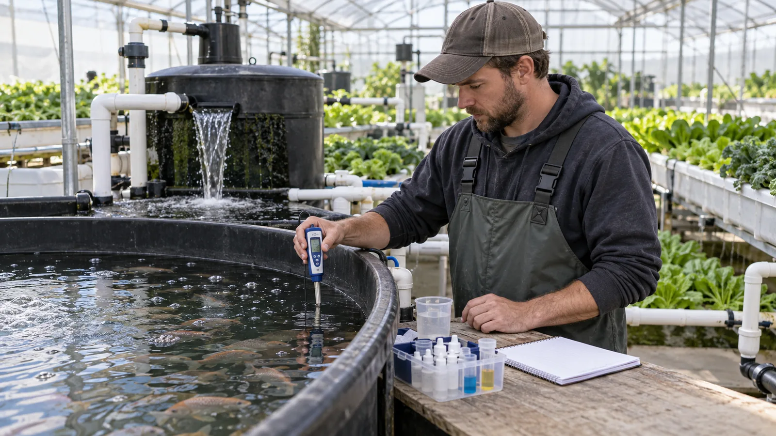 Aquaponics technician checking pH and water-quality readings beside a fish tank and biological filter