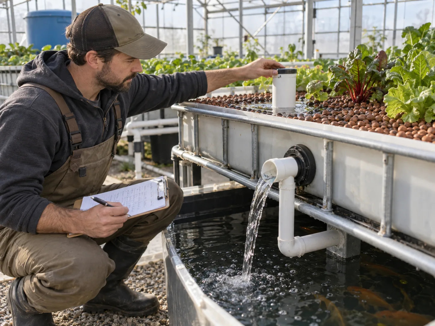 Technician testing aquaponics media-bed drain flow and water levels during commissioning.