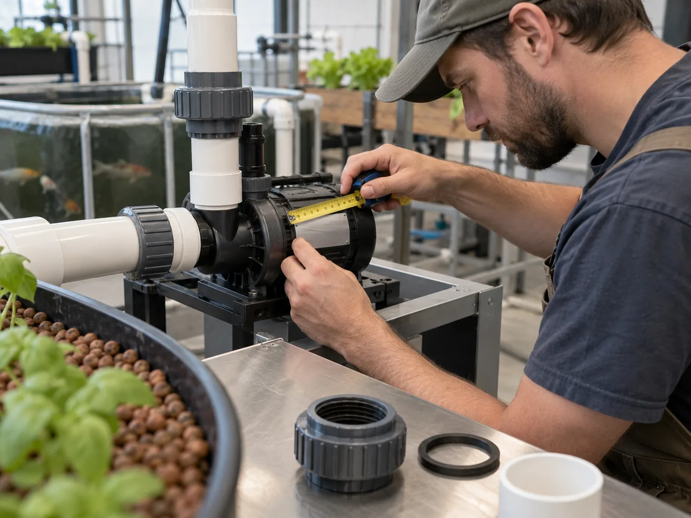 Technician measuring a pump connection and checking a modular aquaponics parts record.