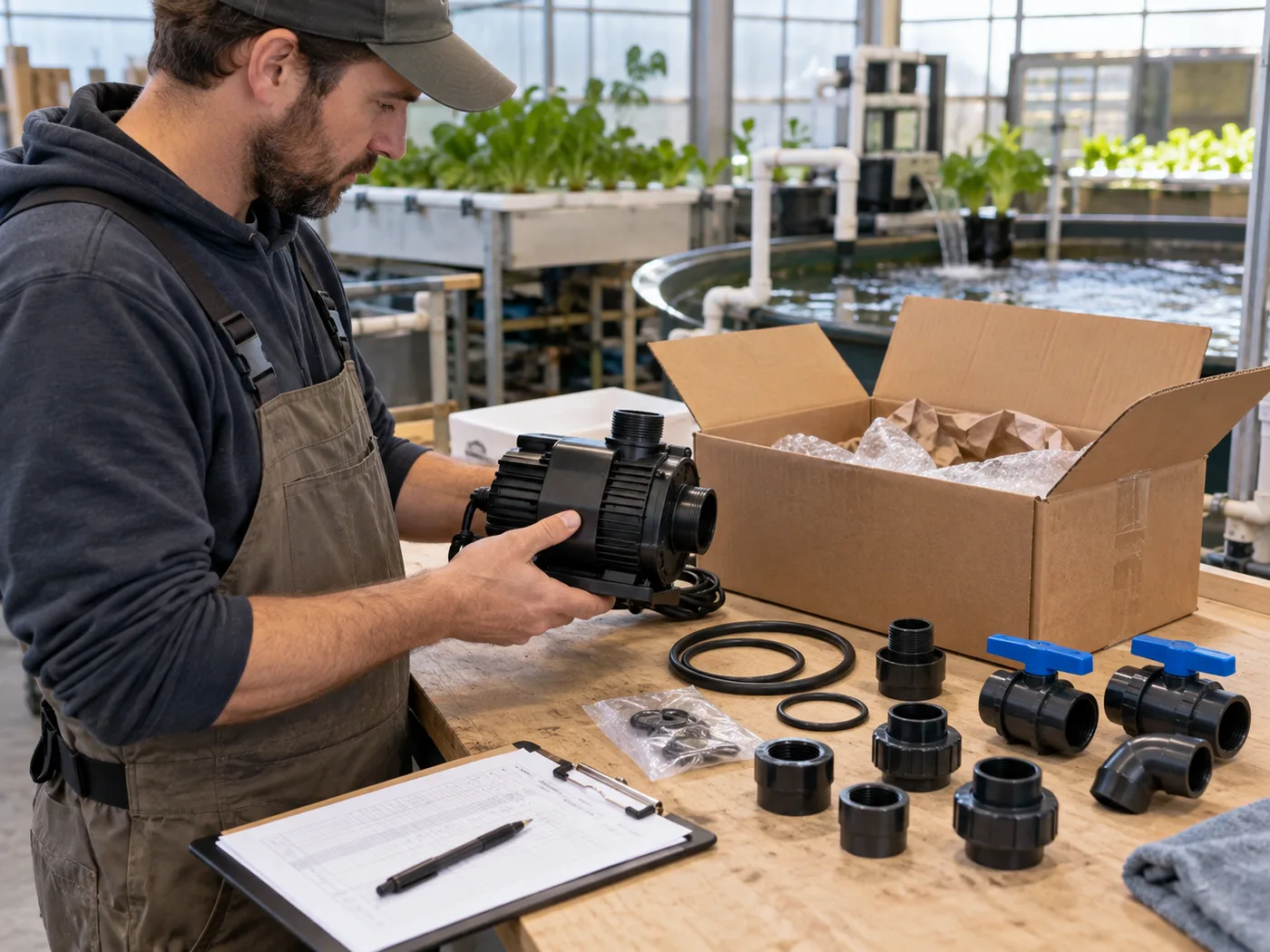 Technician inspecting a replacement aquaponics pump, O-rings and fittings before installation.
