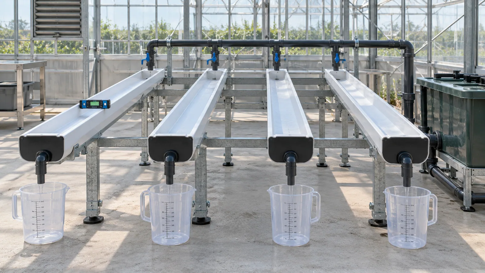 Empty NFT aquaponics channels prepared for flow testing.