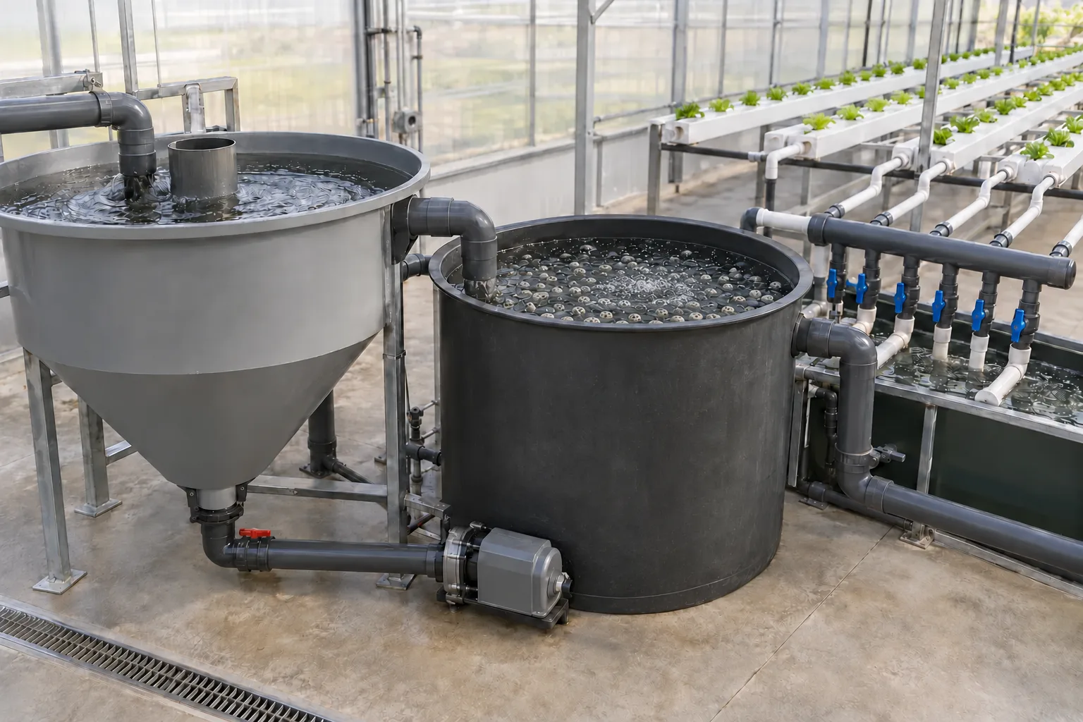 Aquaponics solids separator and biofilter feeding NFT channels.