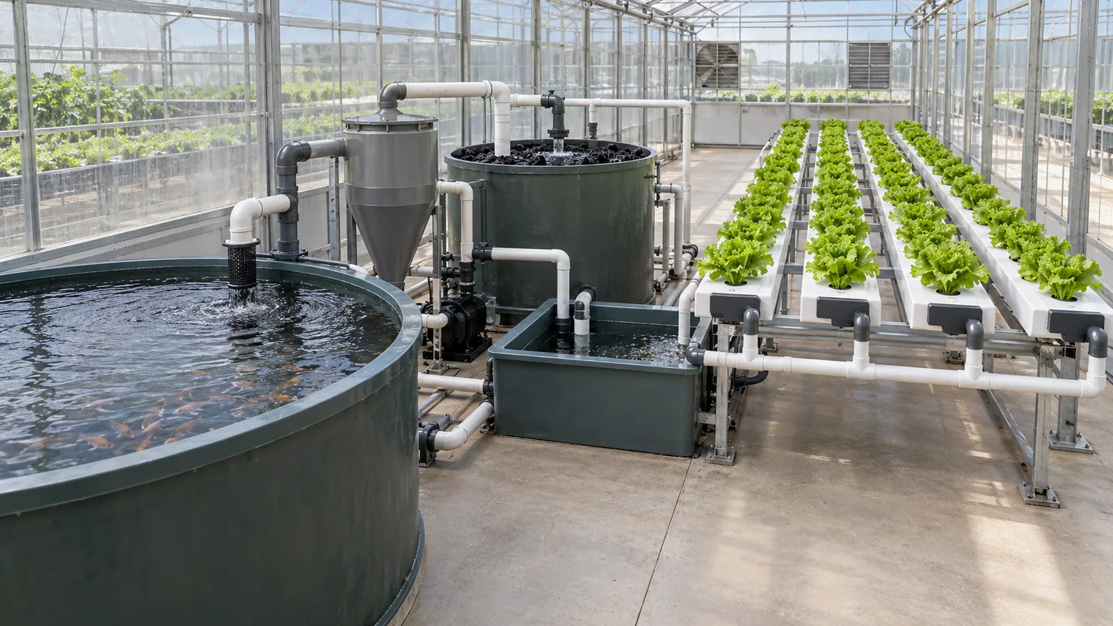 NFT aquaponics system with fish tank filtration and leafy green channels