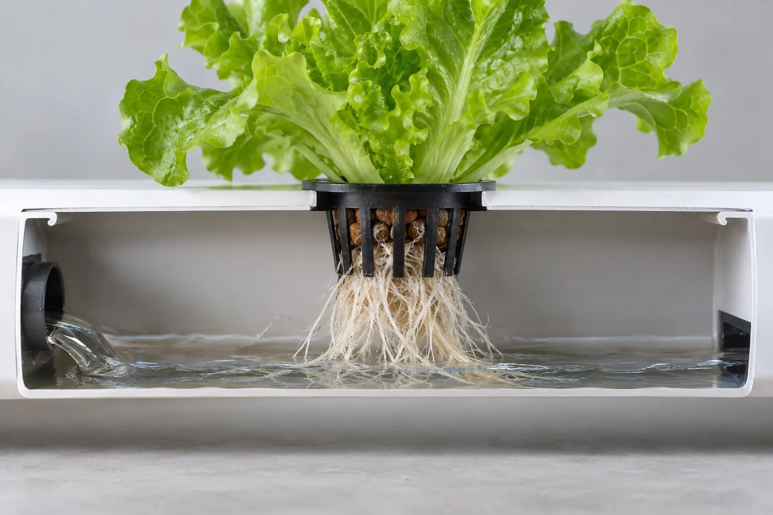 Shallow aquaponic nutrient film flowing beneath lettuce roots.