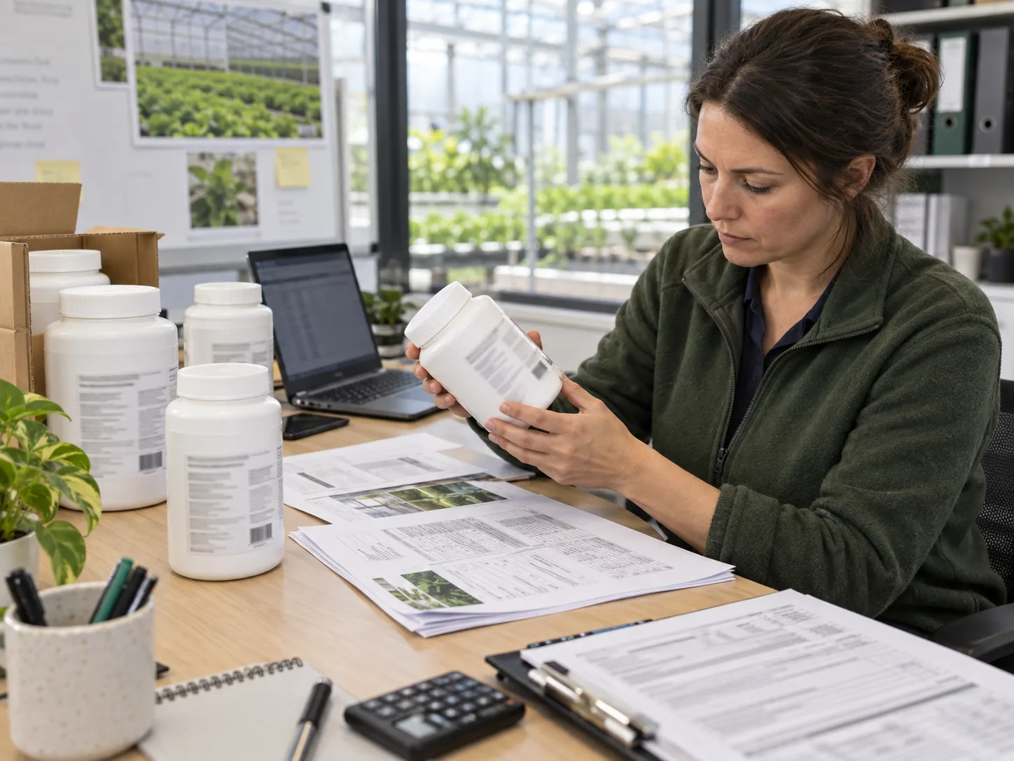 Purchasing manager checking labelled supplement containers, batch numbers and technical documents before aquaponics use.