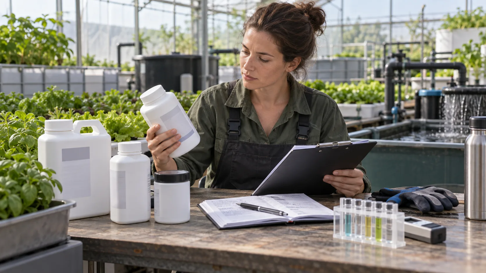 Aquaponics manager comparing sealed nutrient supplement containers with product records and water-test materials