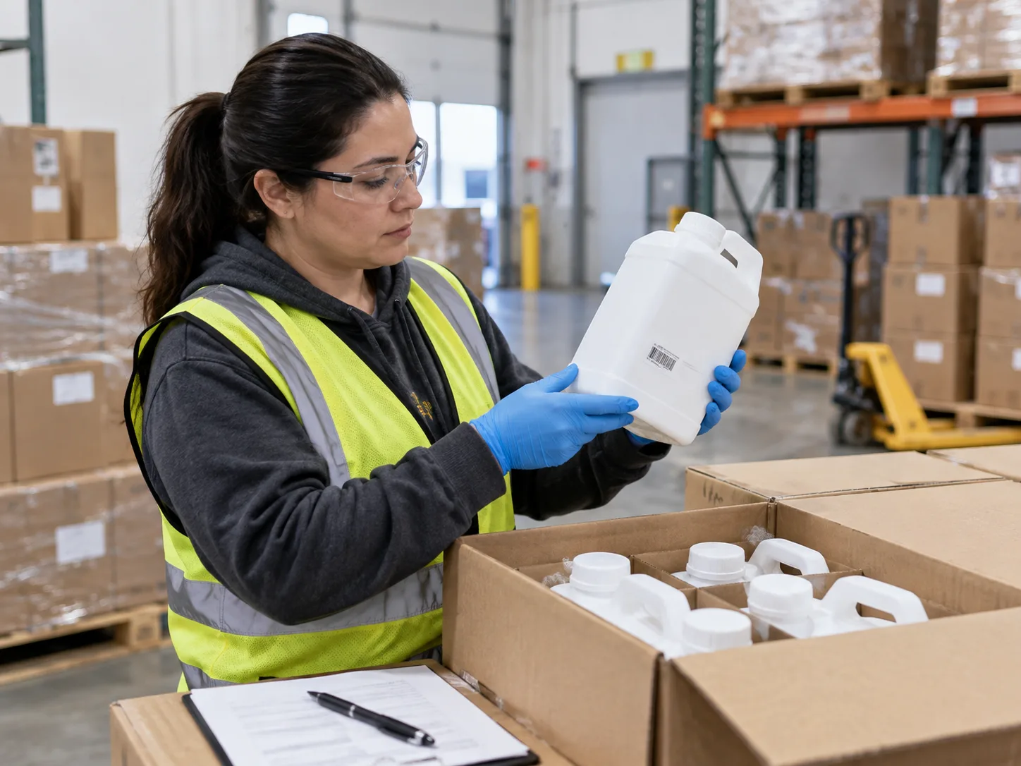 Warehouse receiving inspection of sealed aquaponics nutrient containers with visible lot labels and dry cartons.