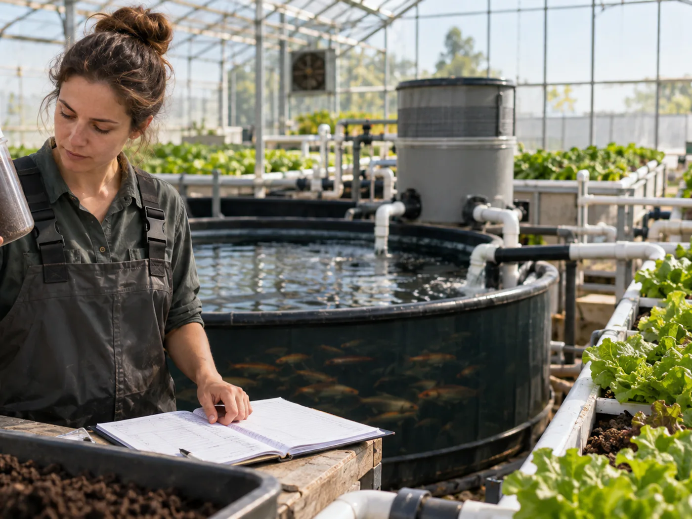 Close view of labelled fish-feed bags and an aquaponics input log during a quality inspection.